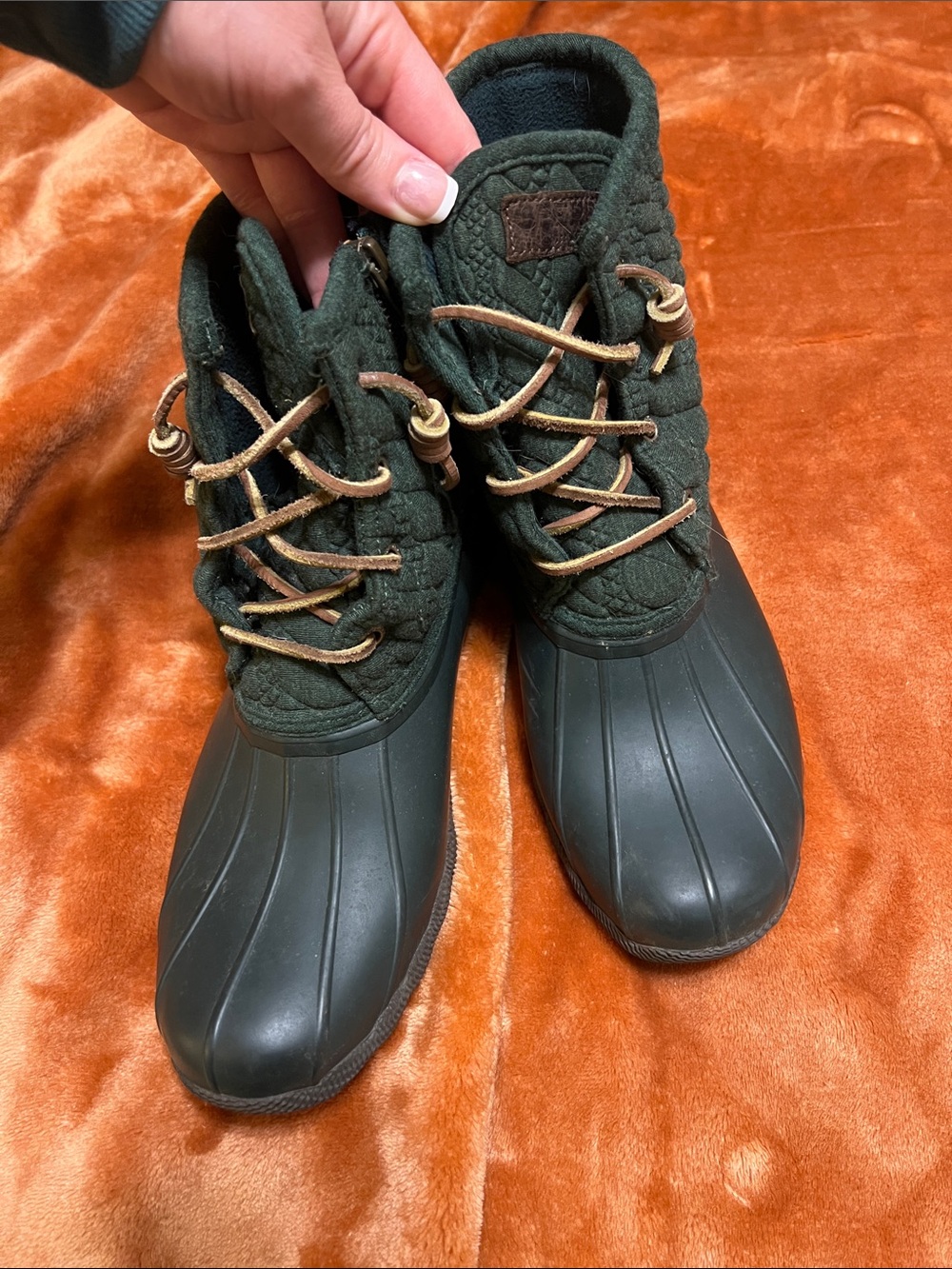 Sperry Quilted Duck Boots in Dark Green with Tan Laces